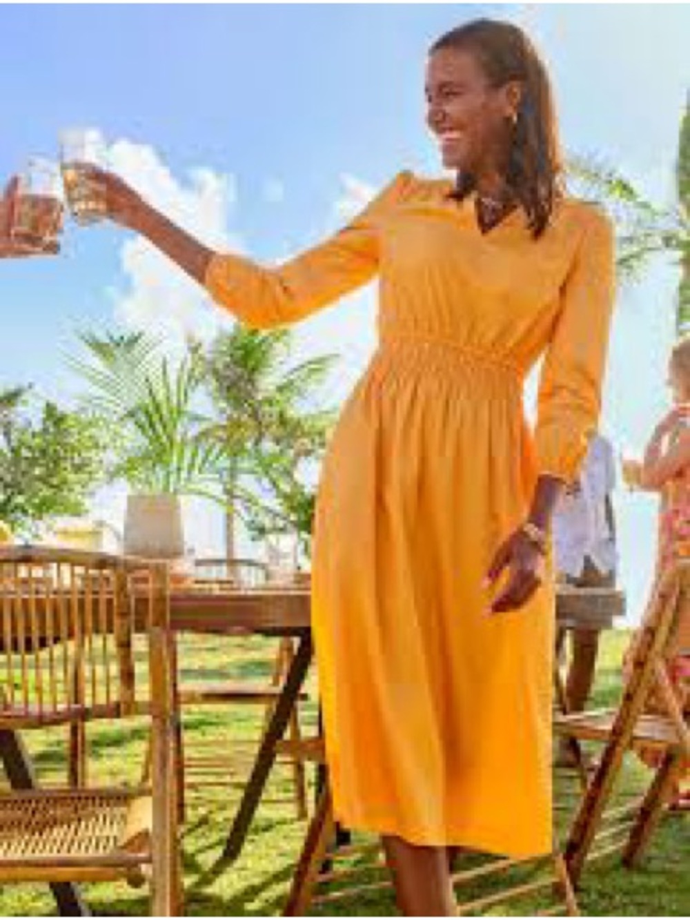 TALBOTS Smocked Poplin Yellow A-Line Midi Dress Split Neckline 3/4 Sleeve Sz 10 - Picture 4 of 16